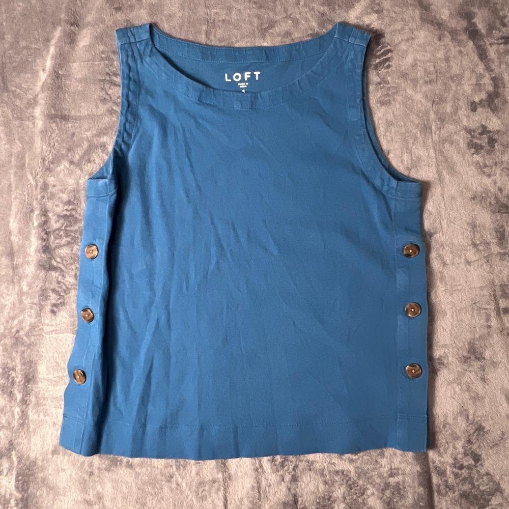 LOFT Women Blue Side Button Sleeveless Tank Top Crew Neck 100% Cotton Size S